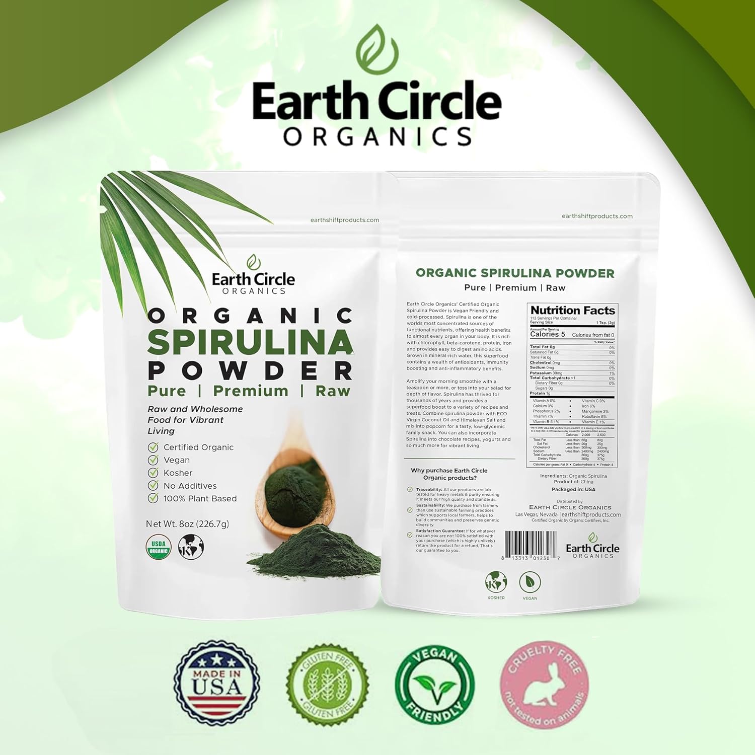 Earth Circle Organics Spirulina Powder - Kosher, Raw, Non-Irradiated, Vegan Protein - High Amino Acids & Antioxidants - 8oz