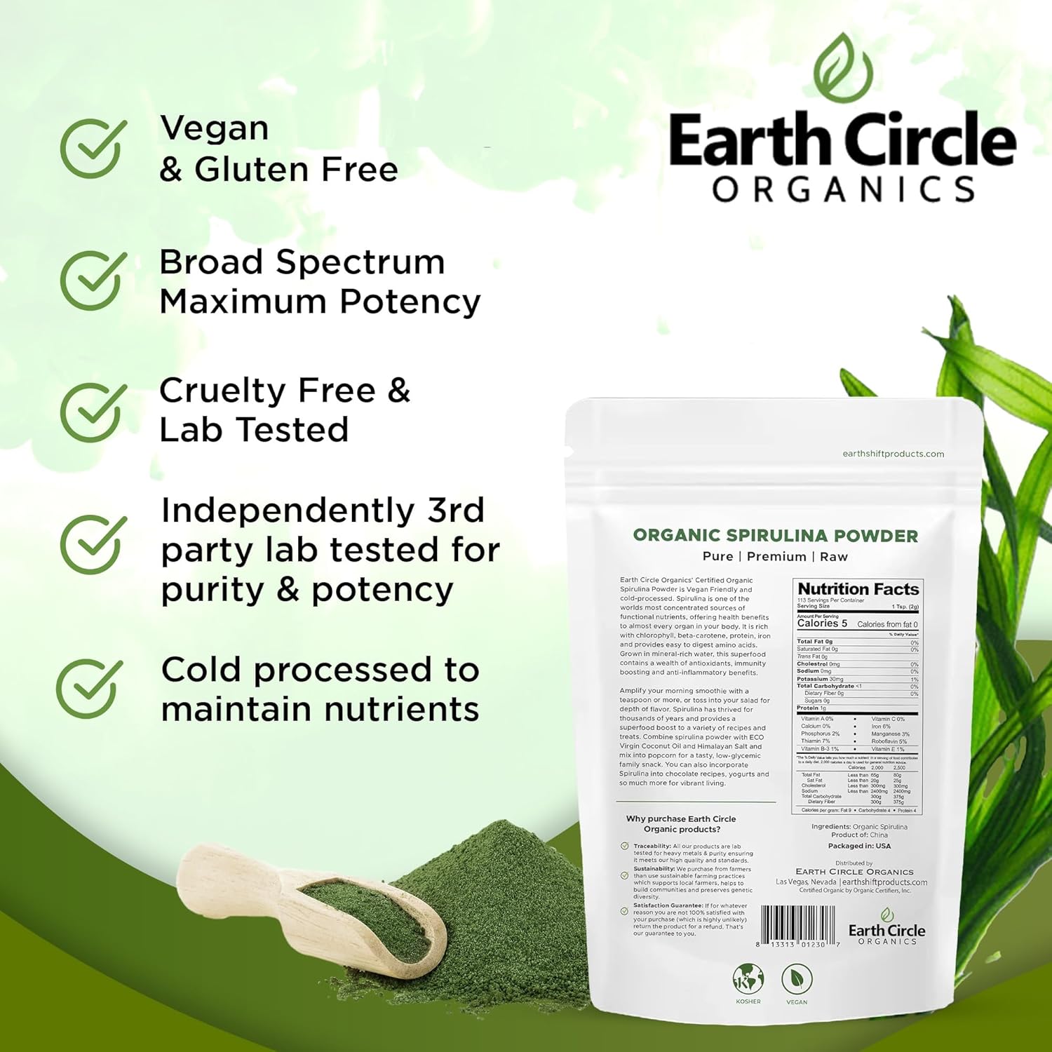 Earth Circle Organics Spirulina Powder - Kosher, Raw, Non-Irradiated, Vegan Protein - High Amino Acids & Antioxidants - 8oz