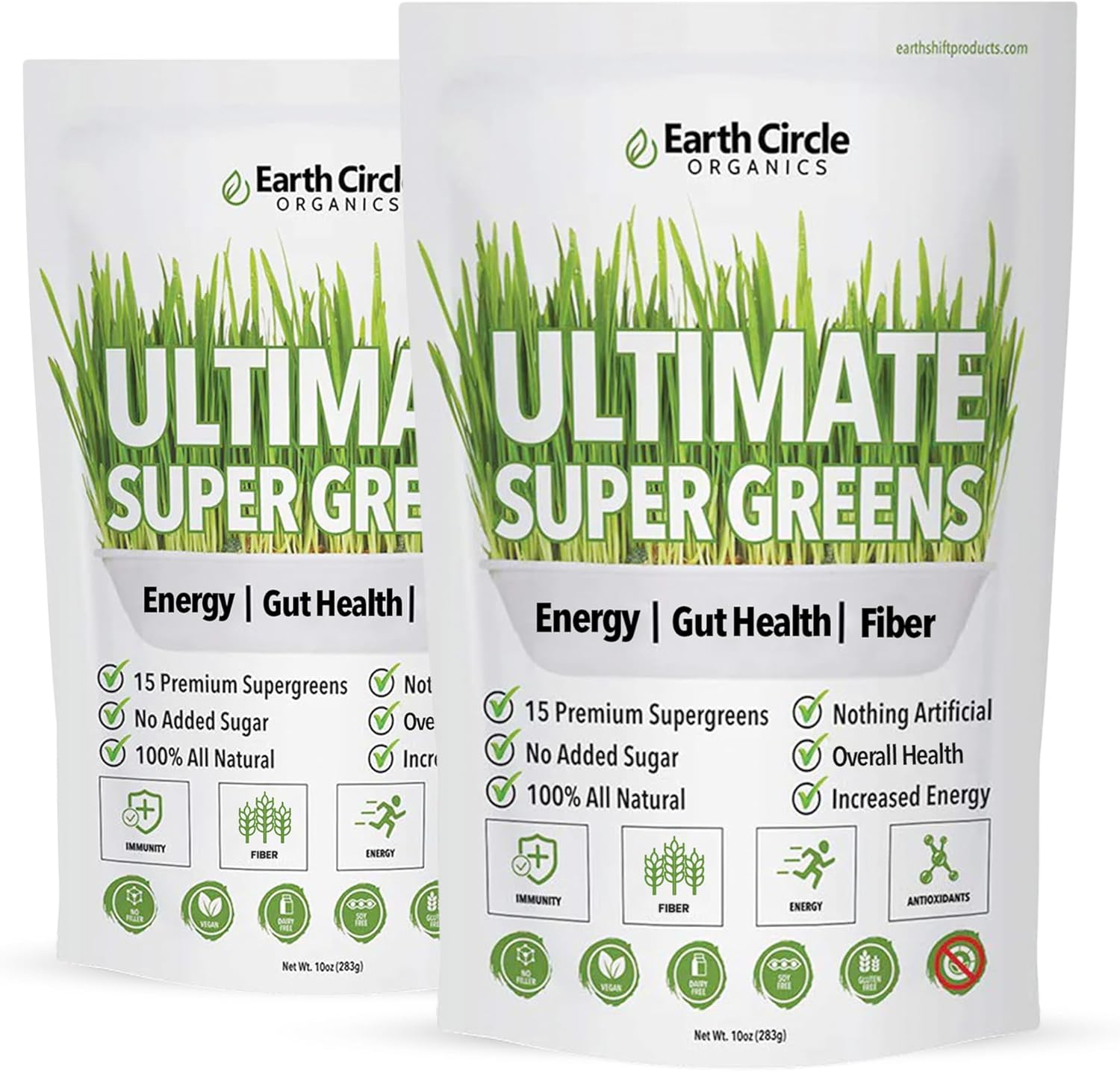 Earth Circle Organics Super Greens Powder - 15 Powerful Superfoods for Energy & Fiber - Vegan, No Additives - Smoothie & Juice Mix - 30 Servings, 10oz (2 Pack)