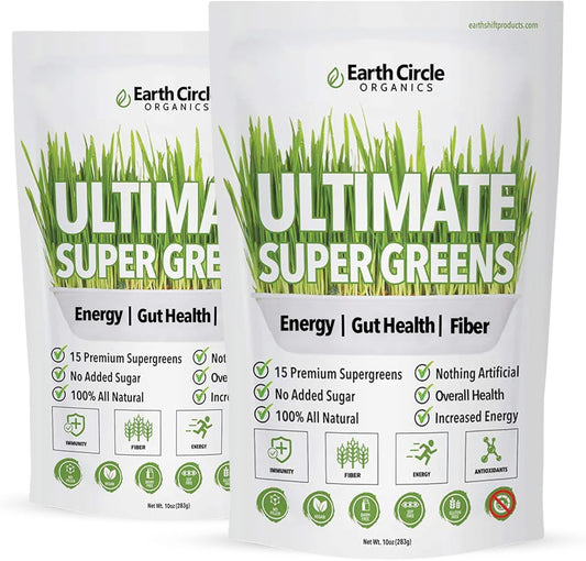 Earth Circle Organics Super Greens Powder - 15 Powerful Superfoods for Energy & Fiber - Vegan, No Additives - Smoothie & Juice Mix - 30 Servings, 10oz (2 Pack)