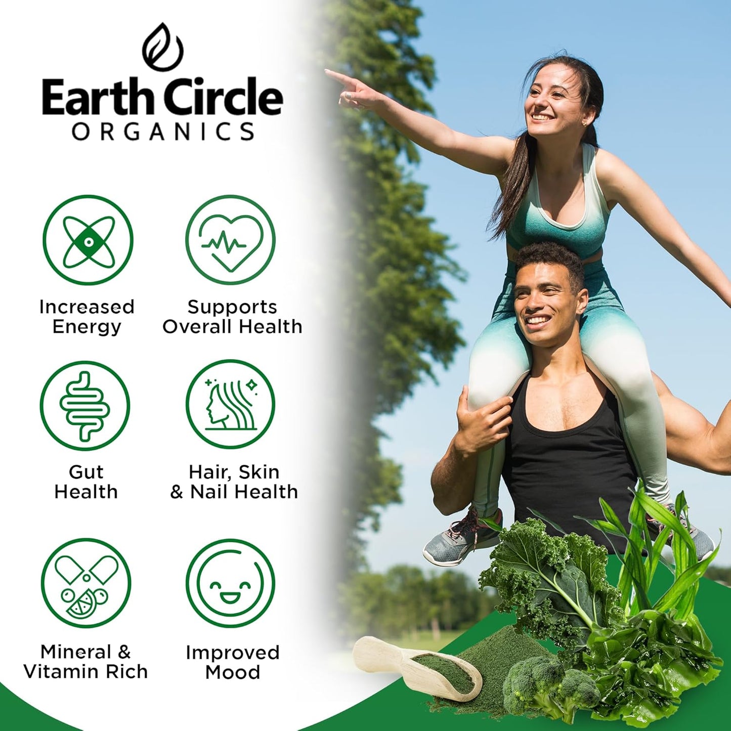 Earth Circle Organics Super Greens Powder - 15 Powerful Superfoods for Energy & Fiber - Vegan, No Additives - Smoothie & Juice Mix - 30 Servings, 10oz (2 Pack)