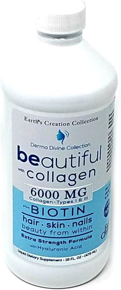 Earth Creation Liquid Collagen 6000MG Types I & III with Biotin for Stronger Hair, Skin, and Nails - 16 fl oz
