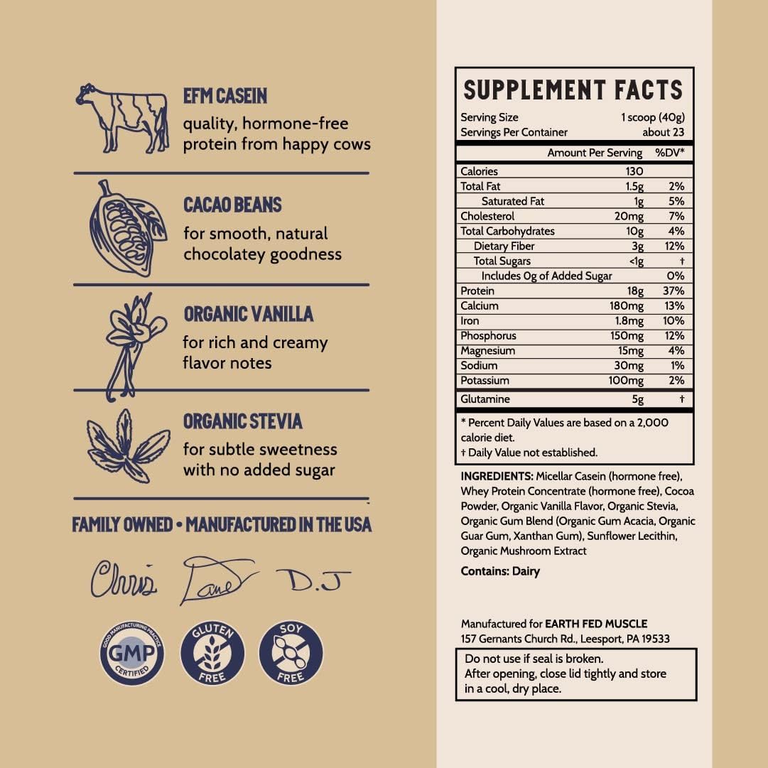 Earth Fed Muscle Nocturnal Protein Blend - Rich Dark Chocolate Flavor, 18g Protein, 23 Servings, Sugar Free, Keto, Soy Free, Gluten Free.
