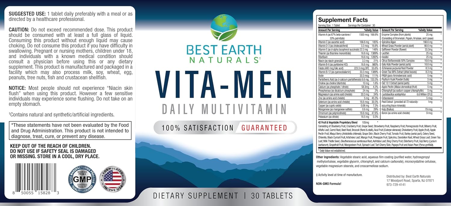 Earth Naturals Vita-Men Daily Multivitamin 30 Tablets - Wellness & Vitality Support Formula