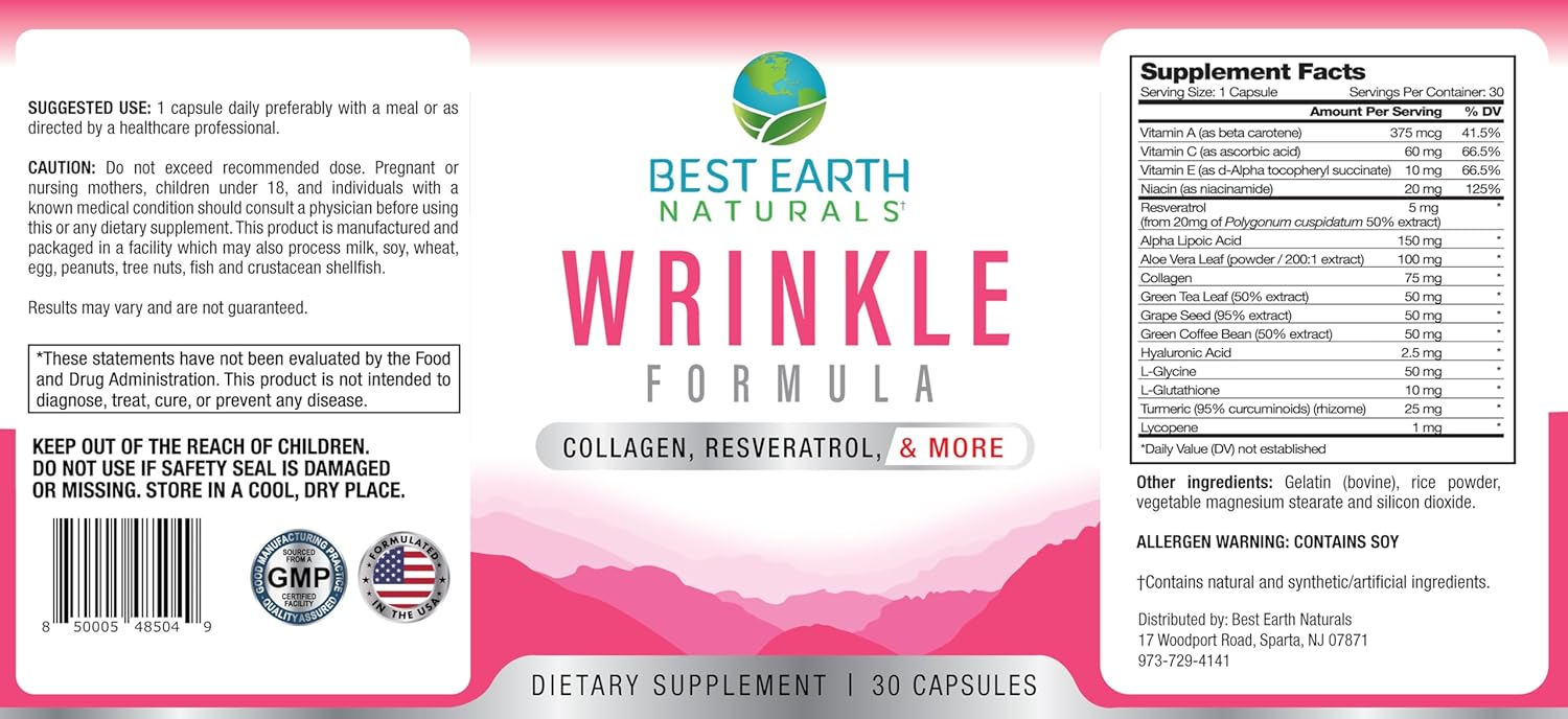 Earth Naturals Wrinkle Formula with Hyaluronic Acid, Niacinamide, Multi Vitamin, Collagen - Skin Vitamins for Men and Women - 30 Capsules