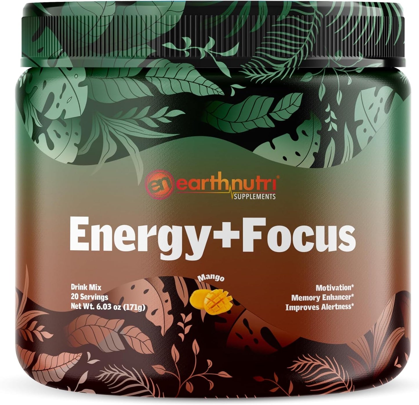 Earth Nutri Mango Energy + Focus Powder with Peak02, AlphaSize, Cognizin - 20 Servings