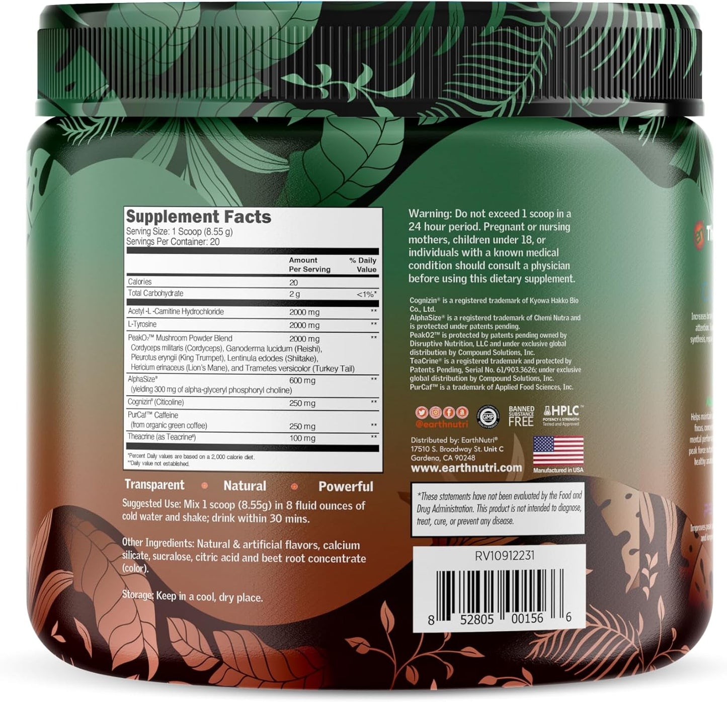 Earth Nutri Mango Energy + Focus Powder with Peak02, AlphaSize, Cognizin - 20 Servings