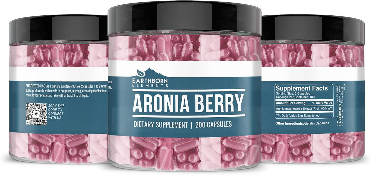 Earthborn Elements Aronia Berry Capsules - 200 Count, Pure & Undiluted with No Additives