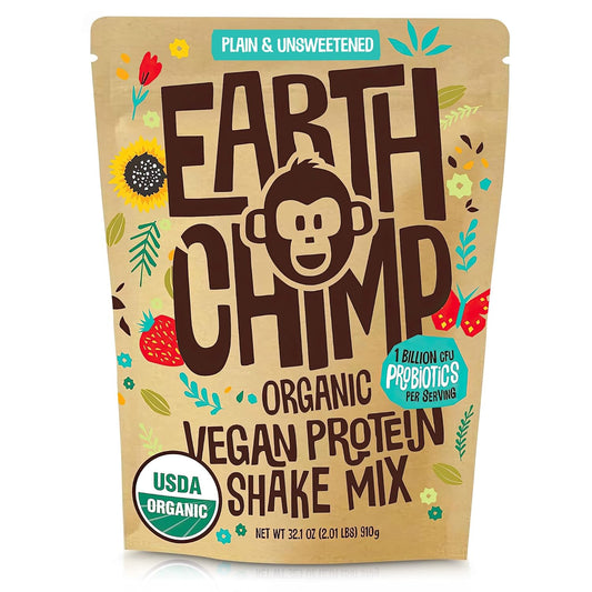 EarthChimp Organic Vegan Protein Powder with Probiotics - Non GMO, Dairy Free, Plant Based Protein for Men and Women - Gluten Free - 26 Servings (32 oz, Plain & Unsweetened)