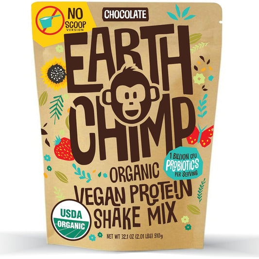 EarthChimp Vegan Protein Powder with Probiotics - Non GMO, Dairy Free, Plant Based Protein for Women and Men - Gluten Free Chocolate Flavor 32 Oz - 26 Servings