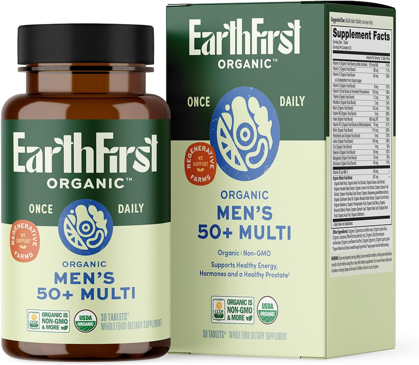 EarthFirst Organic Men's 50+ Daily Multivitamin, 30 Tablets