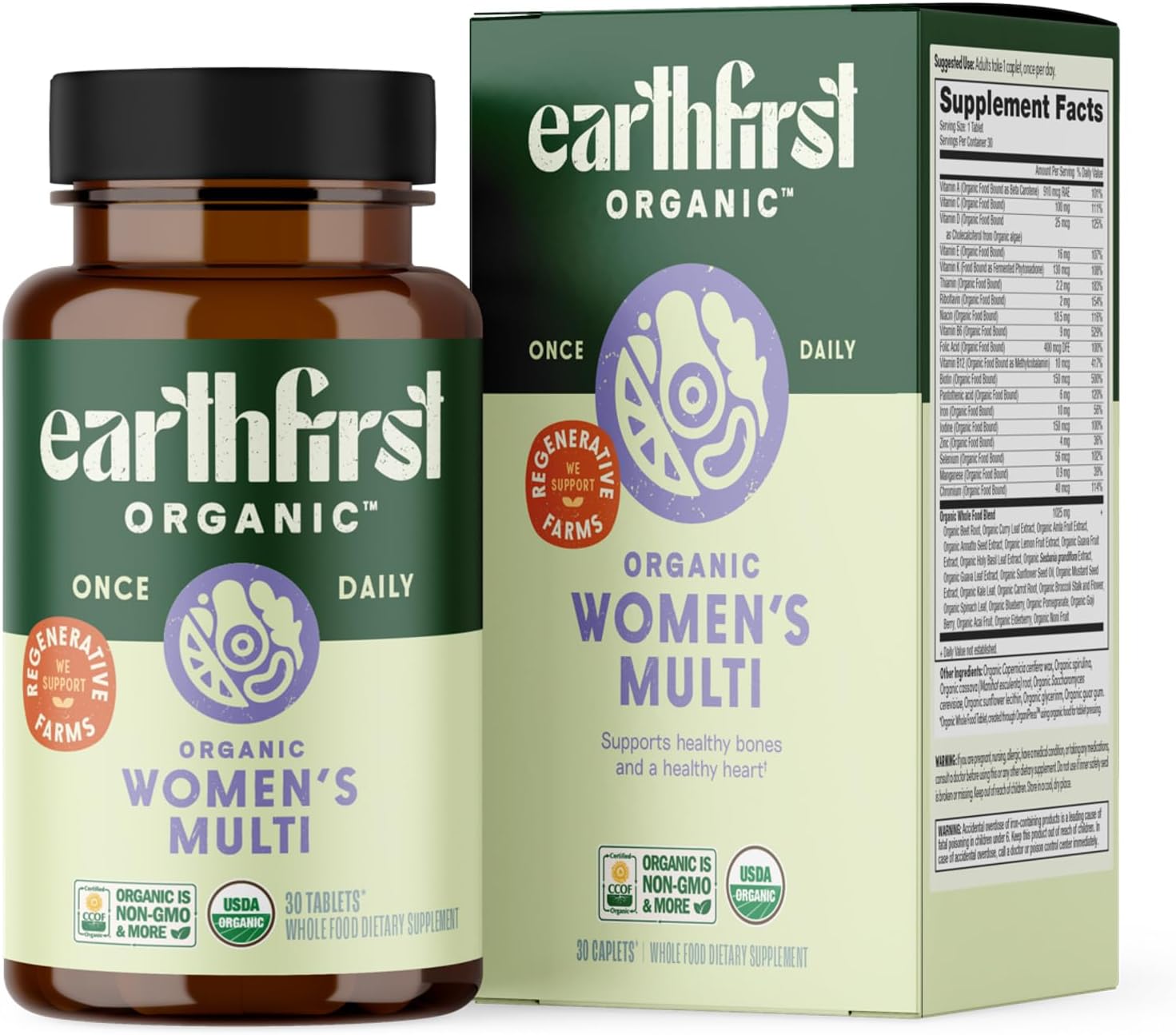 EarthFirst Organic Women's Multivitamin with Iron, Vitamin B12 & More - 30 Count