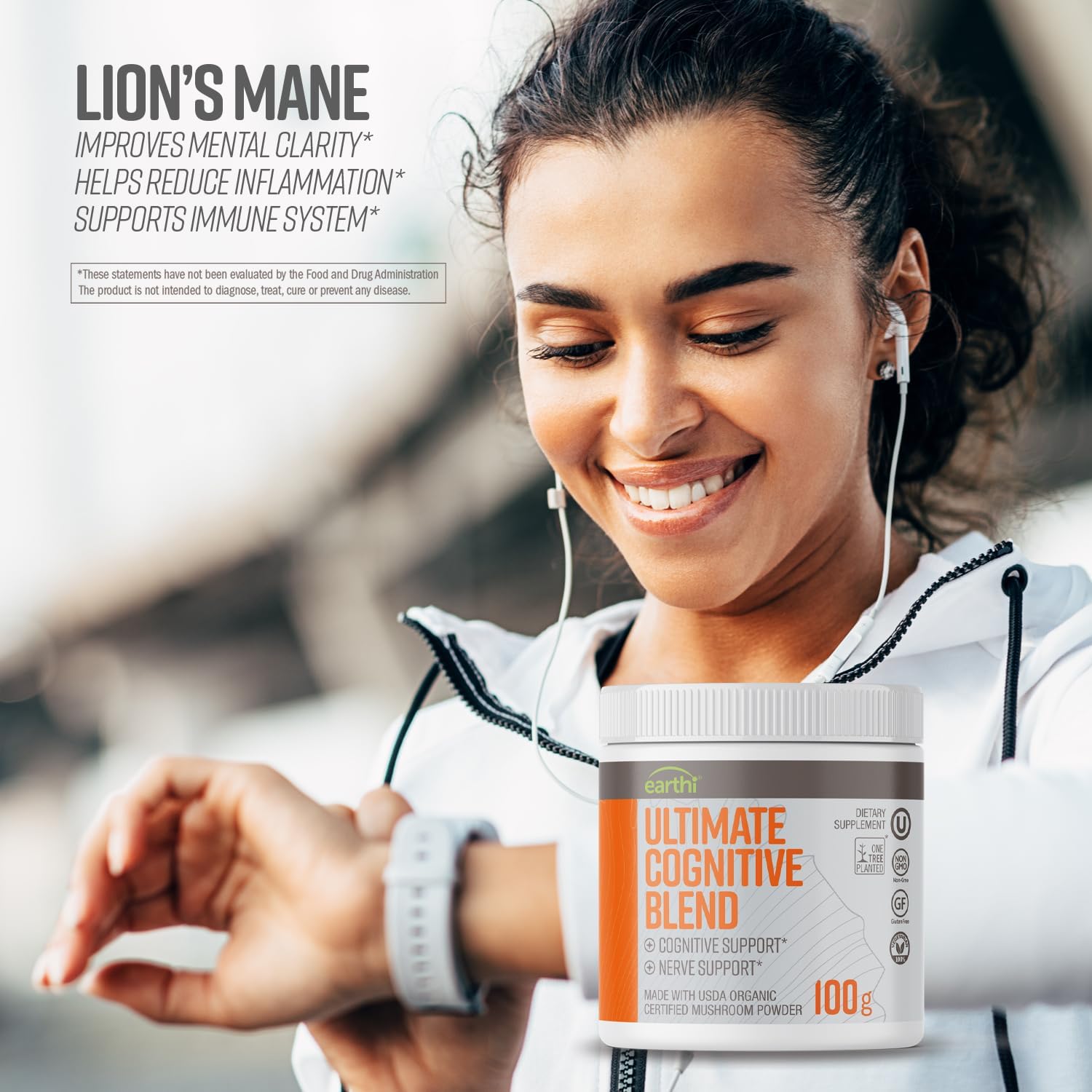 Earthi Ultimate Organic Lion's Mane Mushroom Powder for Cognitive Function, Mood, Immune Support - 100g