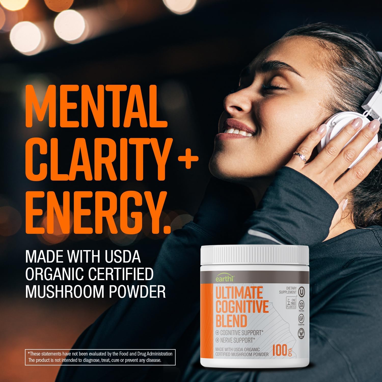 Earthi Ultimate Organic Lion's Mane Mushroom Powder for Cognitive Function, Mood, Immune Support - 100g