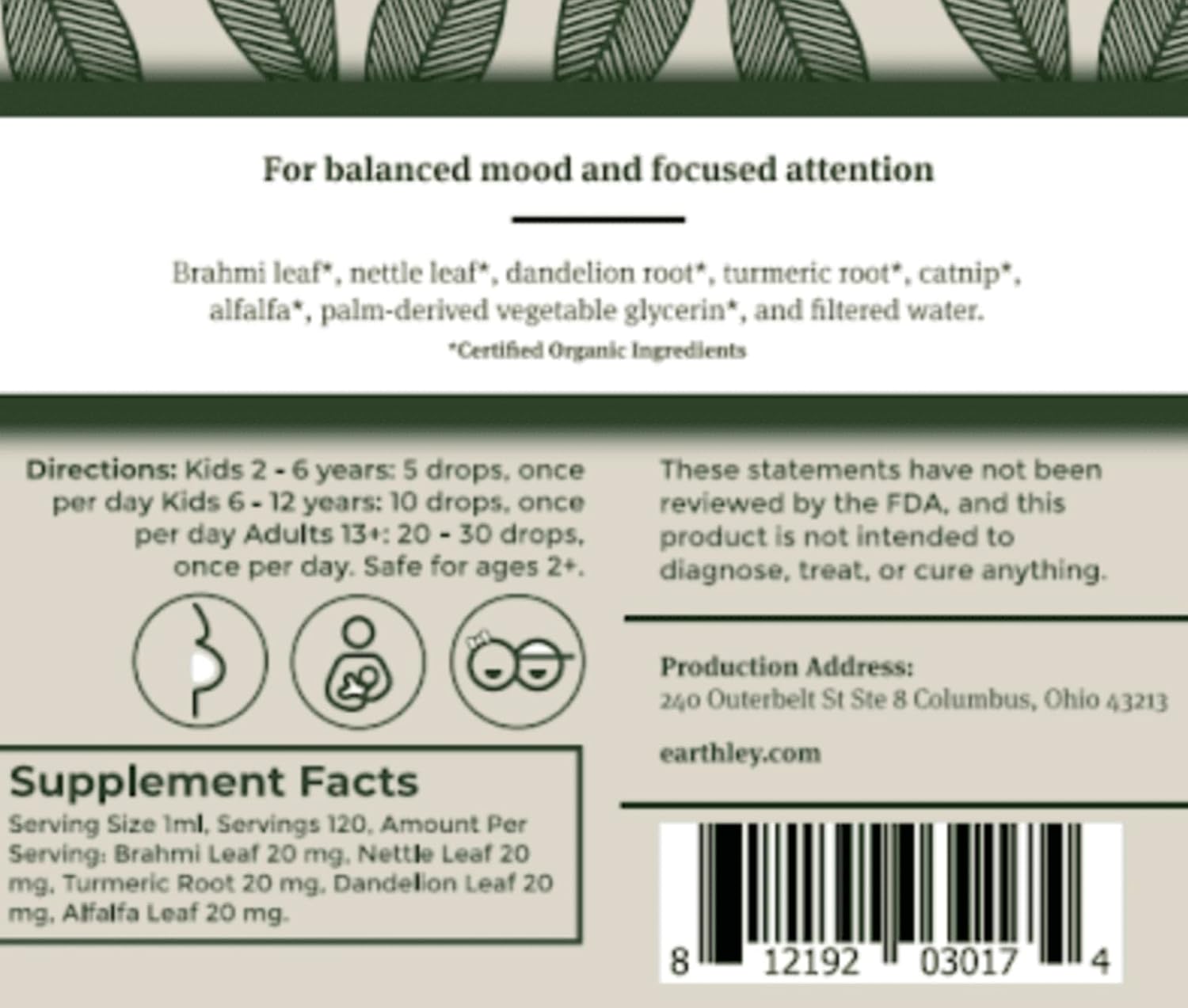 Earthley Wellness Calm and Clarity Herbal Tincture 2oz - Natural Stress Relief and Mental Focus Formula