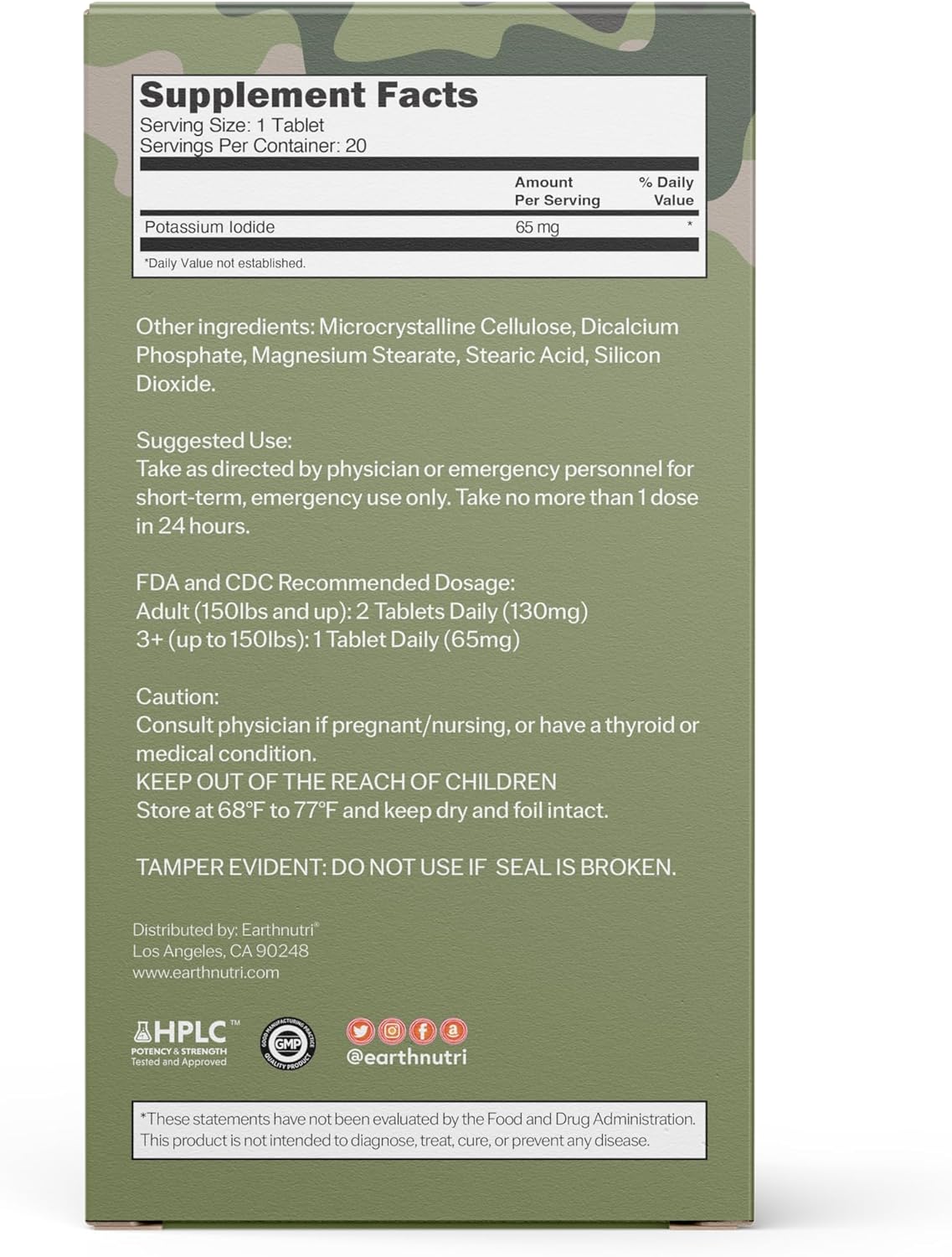 EarthNutri KI-Radi™ Potassium Iodide Tablets 65 mg - 20 Tablets, Foil-Foil Blister Packaging - Potassium Iodide Supplement