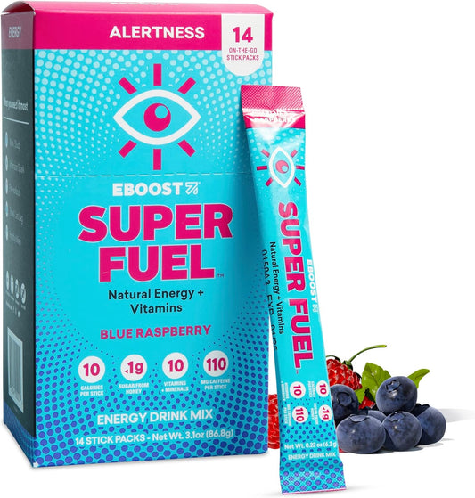 EBOOST Super Fuel Blue Raspberry Energy Drink Powder - 14 Packets, Pre-Workout Mix with Natural Energy, L-Tyrosine, L-Theanine & Vitamins - Preworkout for Men & Women - On-the-Go Formula