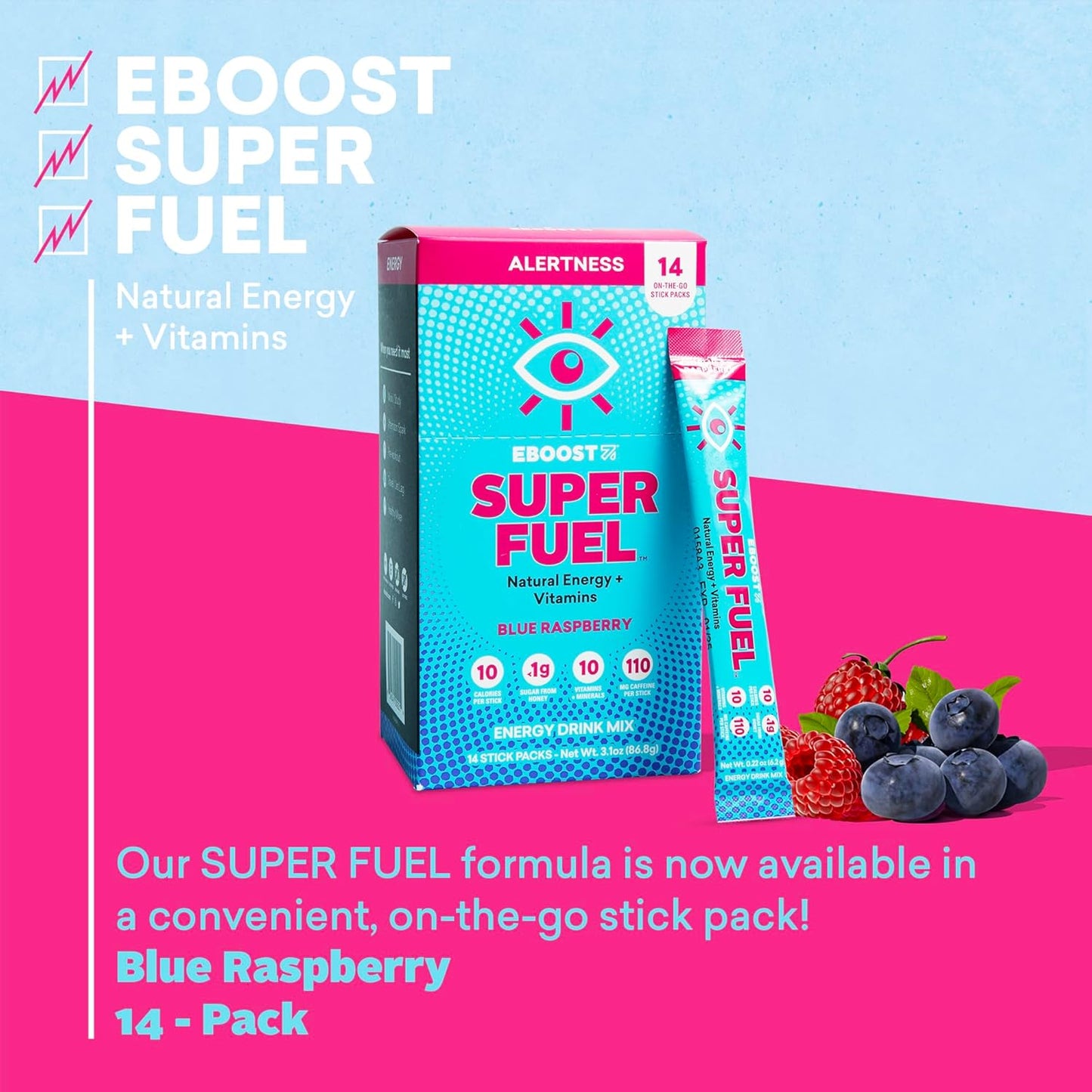 EBOOST Super Fuel Blue Raspberry Energy Drink Powder - 14 Packets, Pre-Workout Mix with Natural Energy, L-Tyrosine, L-Theanine & Vitamins - Preworkout for Men & Women - On-the-Go Formula