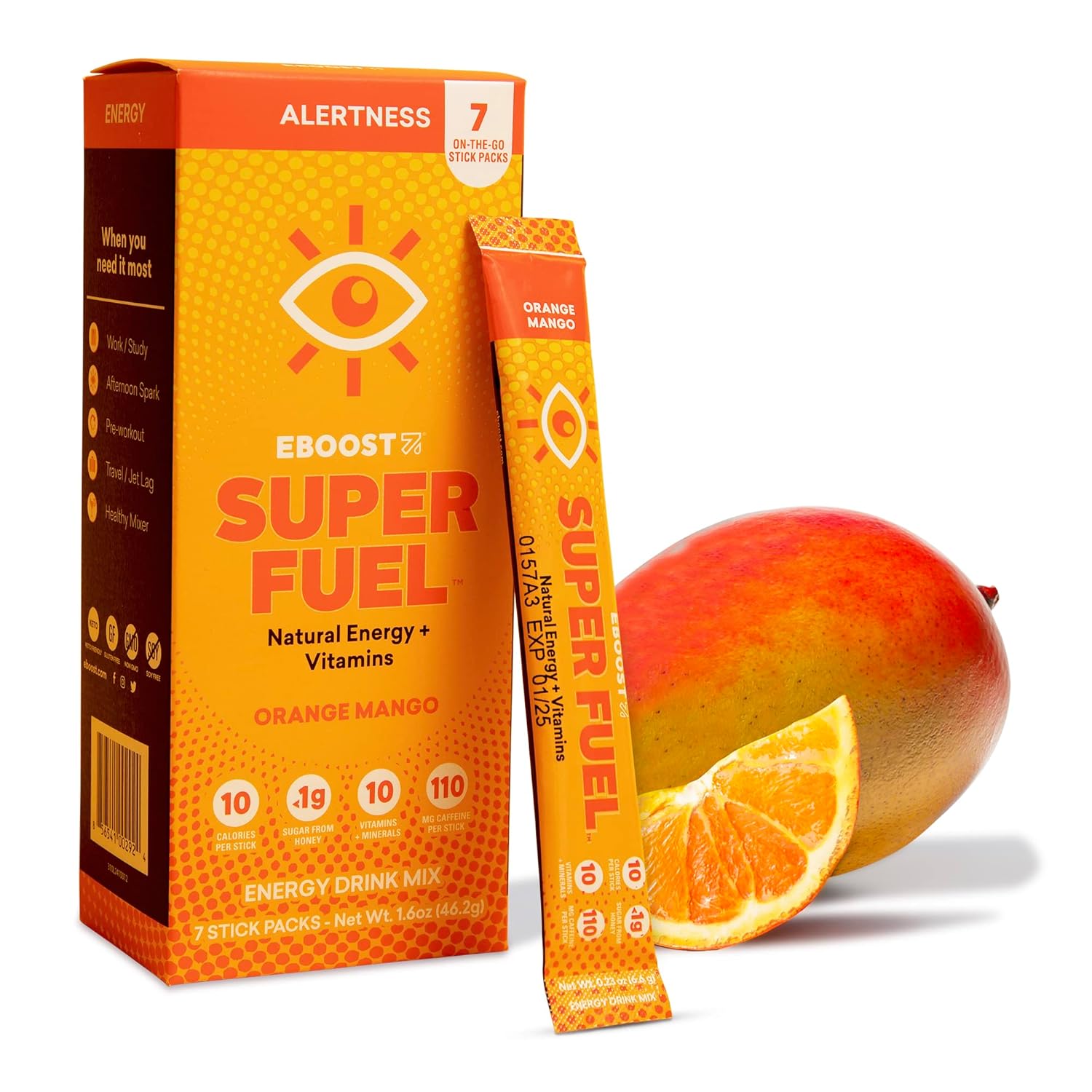 EBOOST Super Fuel Energy Drink Powder - Orange Mango Flavor, 7 Packets - Pre-Workout Mix with Natural Energy Boosters for Men and Women