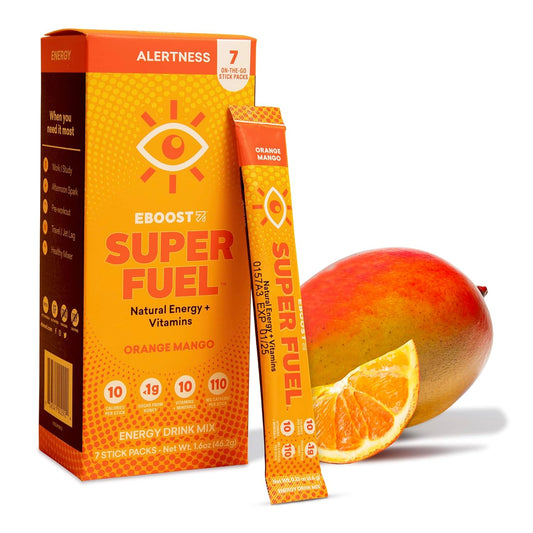 EBOOST Super Fuel Energy Drink Powder - Orange Mango Flavor, 7 Packets - Pre-Workout Mix with Natural Energy Boosters for Men and Women