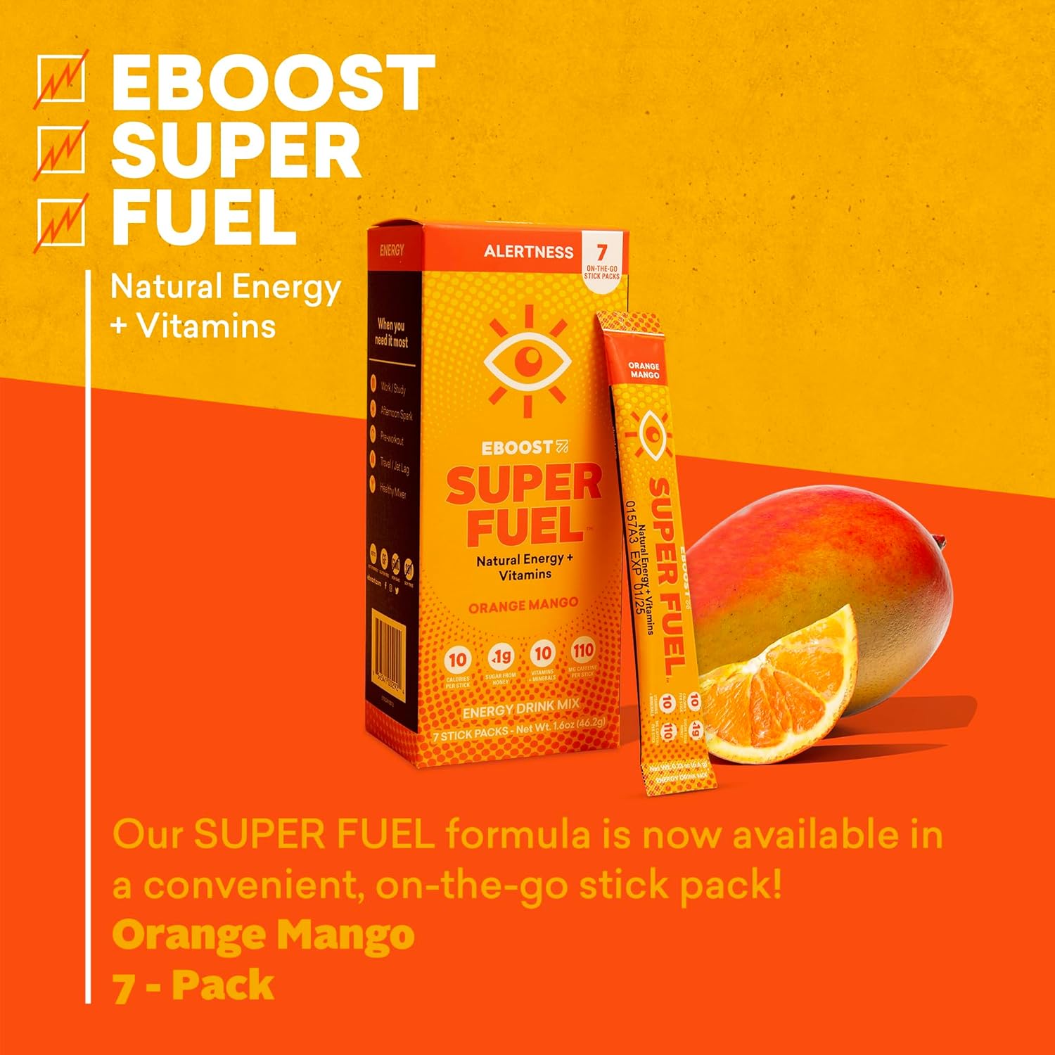 EBOOST Super Fuel Energy Drink Powder - Orange Mango Flavor, 7 Packets - Pre-Workout Mix with Natural Energy Boosters for Men and Women