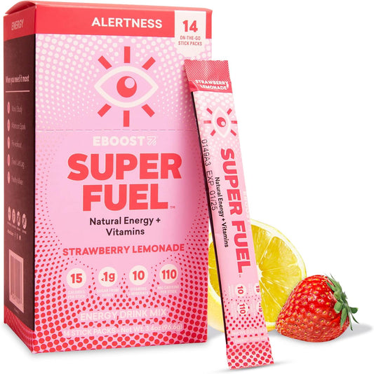 EBOOST Super Fuel Strawberry Lemonade Energy Drink Powder - 14 Packets - Natural Pre-Workout Mix with L-Tyrosine, L-Theanine, and Vitamins - Energy Boost for Men and Women on the Go