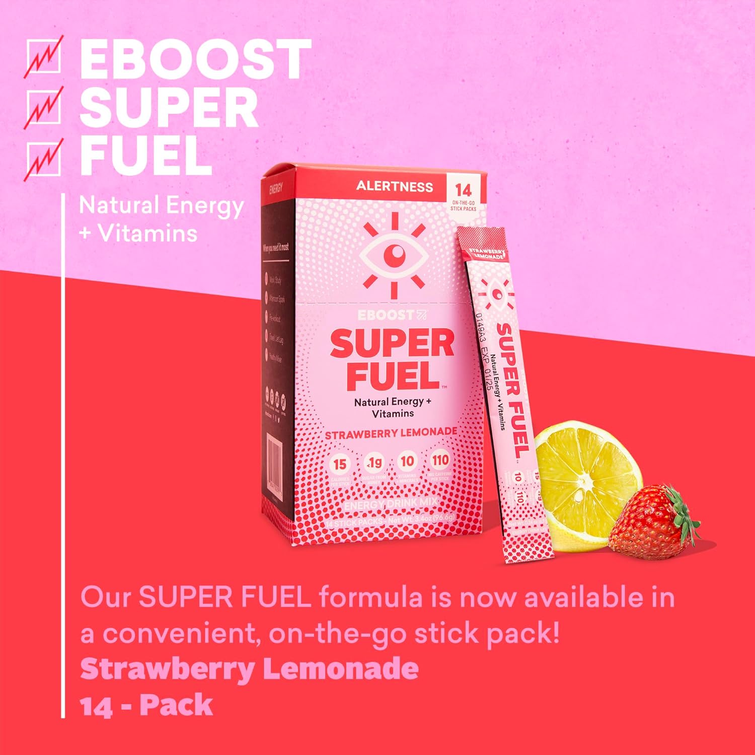 EBOOST Super Fuel Strawberry Lemonade Energy Drink Powder - 14 Packets - Natural Pre-Workout Mix with L-Tyrosine, L-Theanine, and Vitamins - Energy Boost for Men and Women on the Go