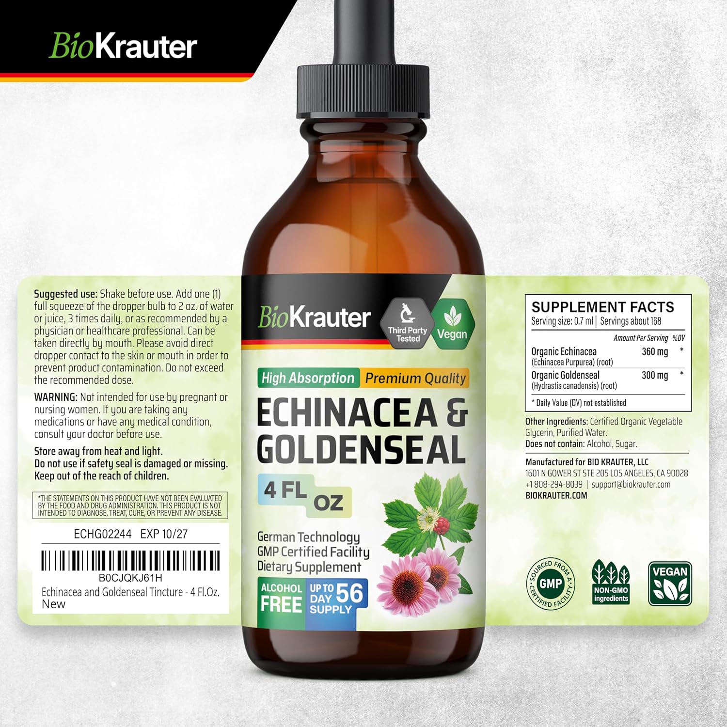 Echinacea and Goldenseal Tincture with Olive Leaf - 8 Fl. Oz. Immune Support Supplement