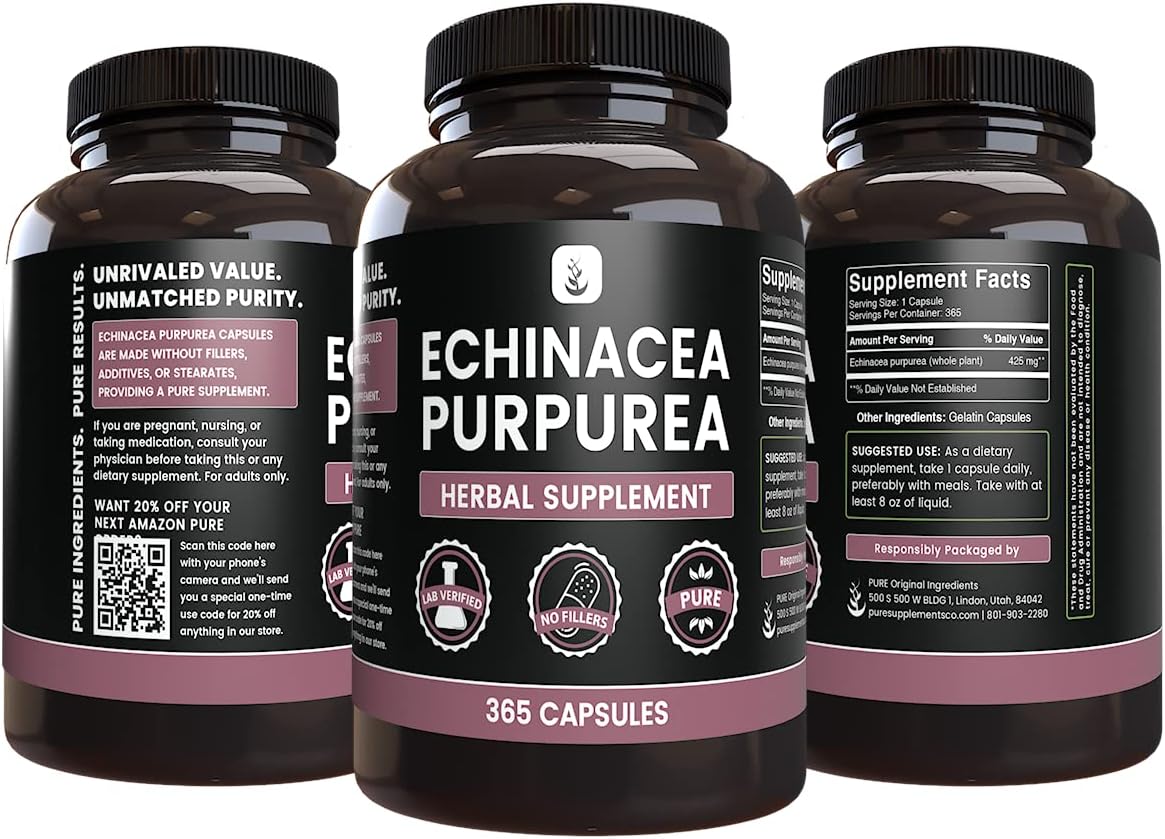 Echinacea Purpurea Capsules - 365 Count, No Magnesium or Rice Fillers, Lab Verified & Pure Ingredients