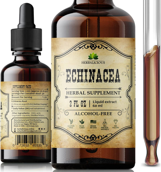 Echinacea Supplement Liquid Drops - Antioxidant-Rich Immune Support Formula - Vegan Herbal Tincture - Non-GMO, Alcohol-Free - 2 Fl Oz