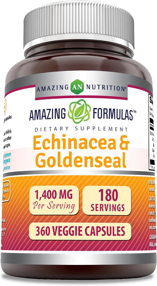 Echinacea with Goldenseal Supplement - 1400 Mg Per Serving - 360 Veggie Capsules - Non-GMO - Gluten Free - Made in USA - by Amazing Nutrition Amazing Formulas