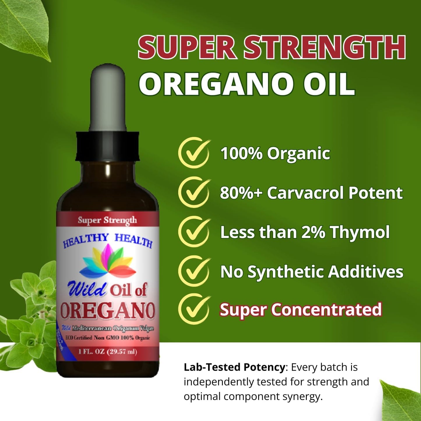 ECO Certified Organic Oregano Oil - Super Strength 86% Carvacrol - Non-GMO - Vegan - Immune Support - 1 oz