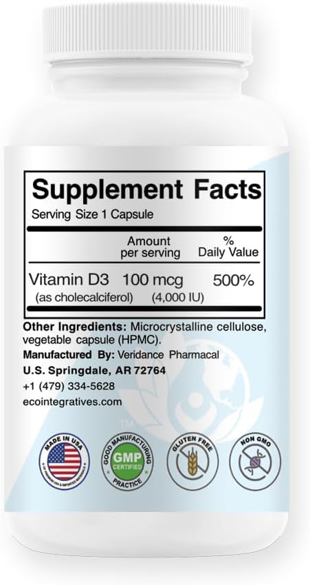EcoIntegratives D3 4,000 IU Supplement for Muscle, Bone, Teeth, Breast, Prostate, Heart, Gut, & Immune Health - 120 Veg Caps