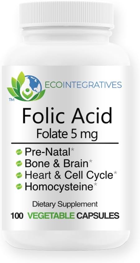 EcoIntegratives Prenatal Folic Acid Folate 5mg Supplement for Reproductive & Cardiovascular Health - 100 Vegan Capsules