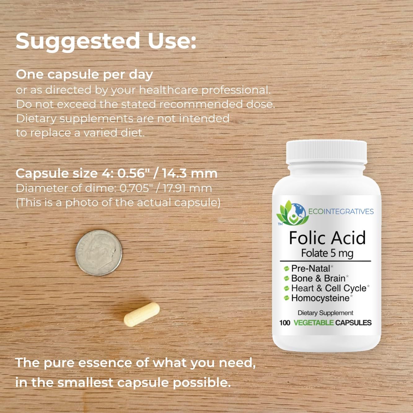 EcoIntegratives Prenatal Folic Acid Folate 5mg Supplement for Reproductive & Cardiovascular Health - 100 Vegan Capsules