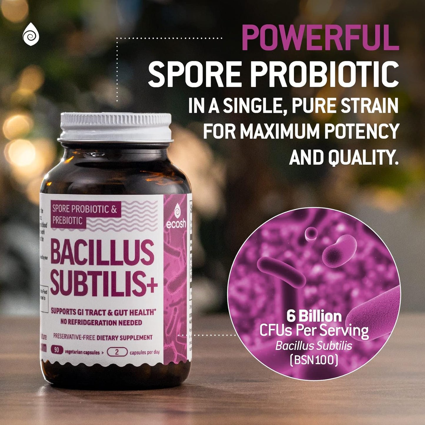 Ecosh High Potency Bacillus Subtilis Probiotic with Prebiotic for Gut Health - 90 Vegetarian Capsules, 6 Billion CFU - BoostGo Australia