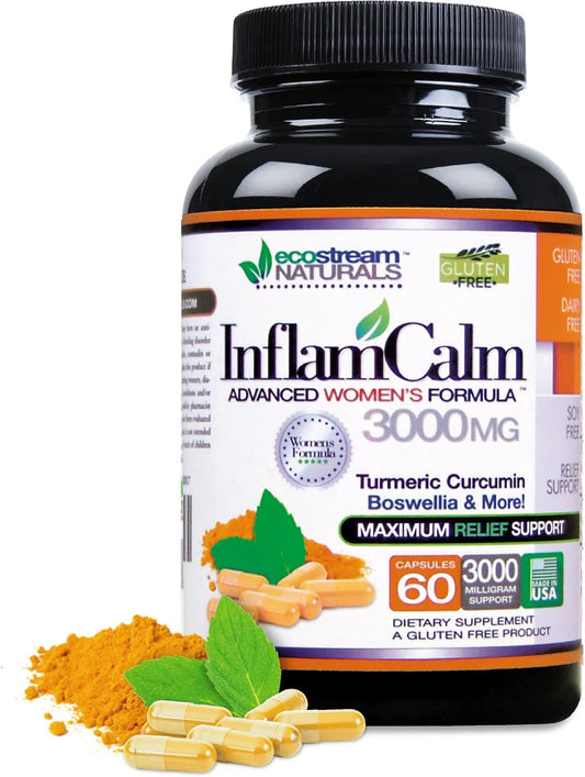 Ecostream Naturals Women's Formula 3000 InflamCalm Advanced Supplement with Turmeric, Curcumin, Enzymes, and Boswellia - Vegetarian, Gluten Free