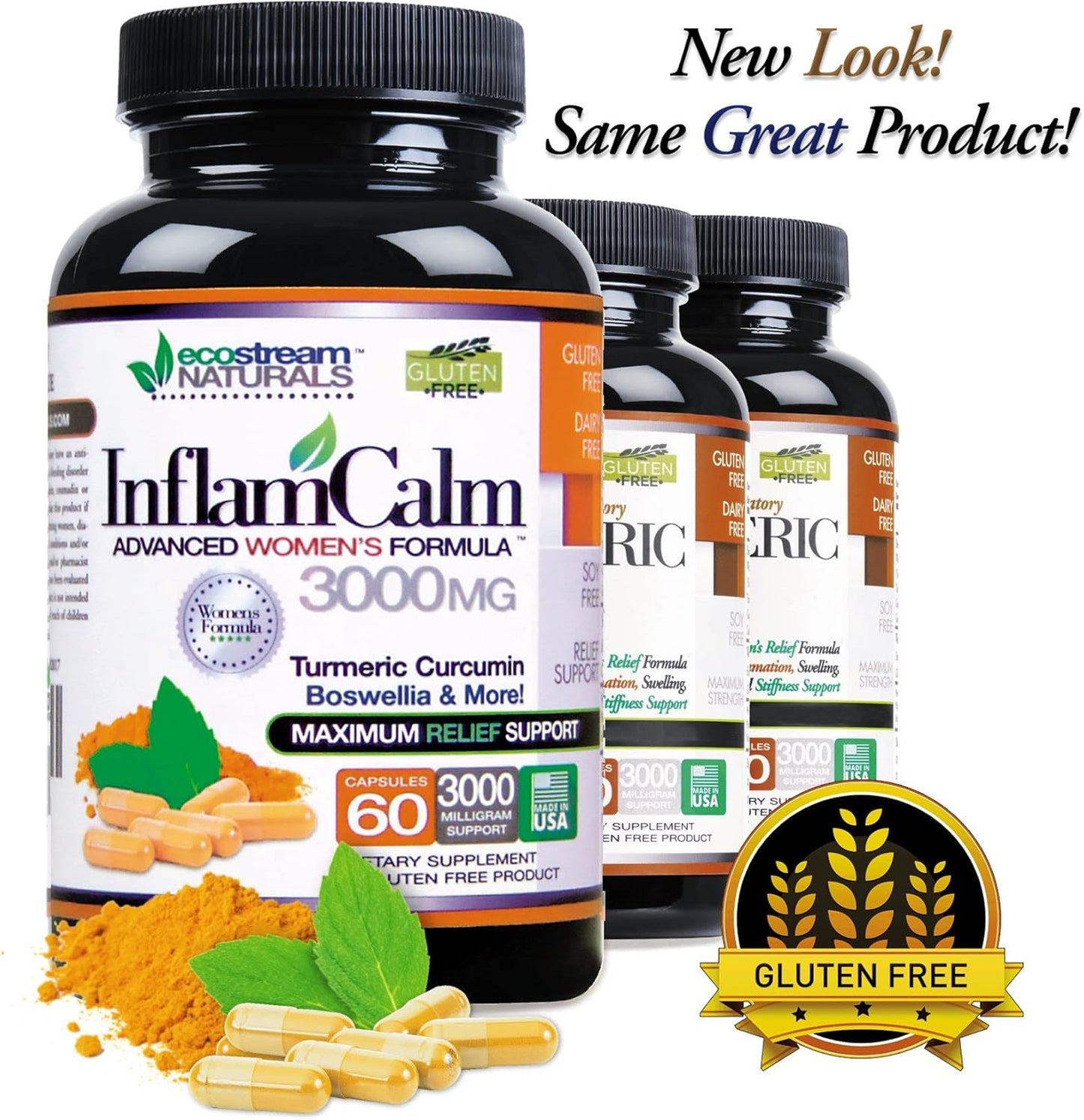 Ecostream Naturals Women's Formula 3000 InflamCalm Advanced Supplement with Turmeric, Curcumin, Enzymes, and Boswellia - Vegetarian, Gluten Free