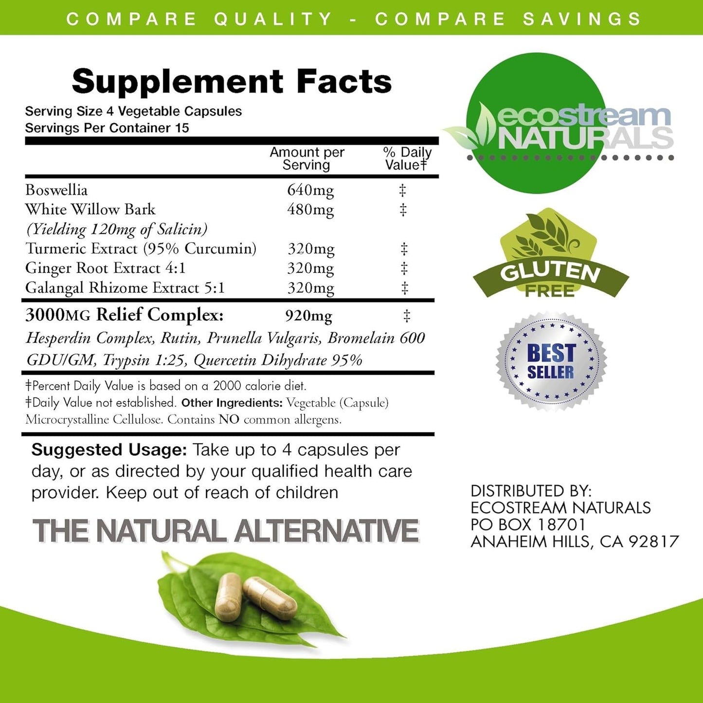 Ecostream Naturals Women's Formula 3000 InflamCalm Advanced Supplement with Turmeric, Curcumin, Enzymes, and Boswellia - Vegetarian, Gluten Free