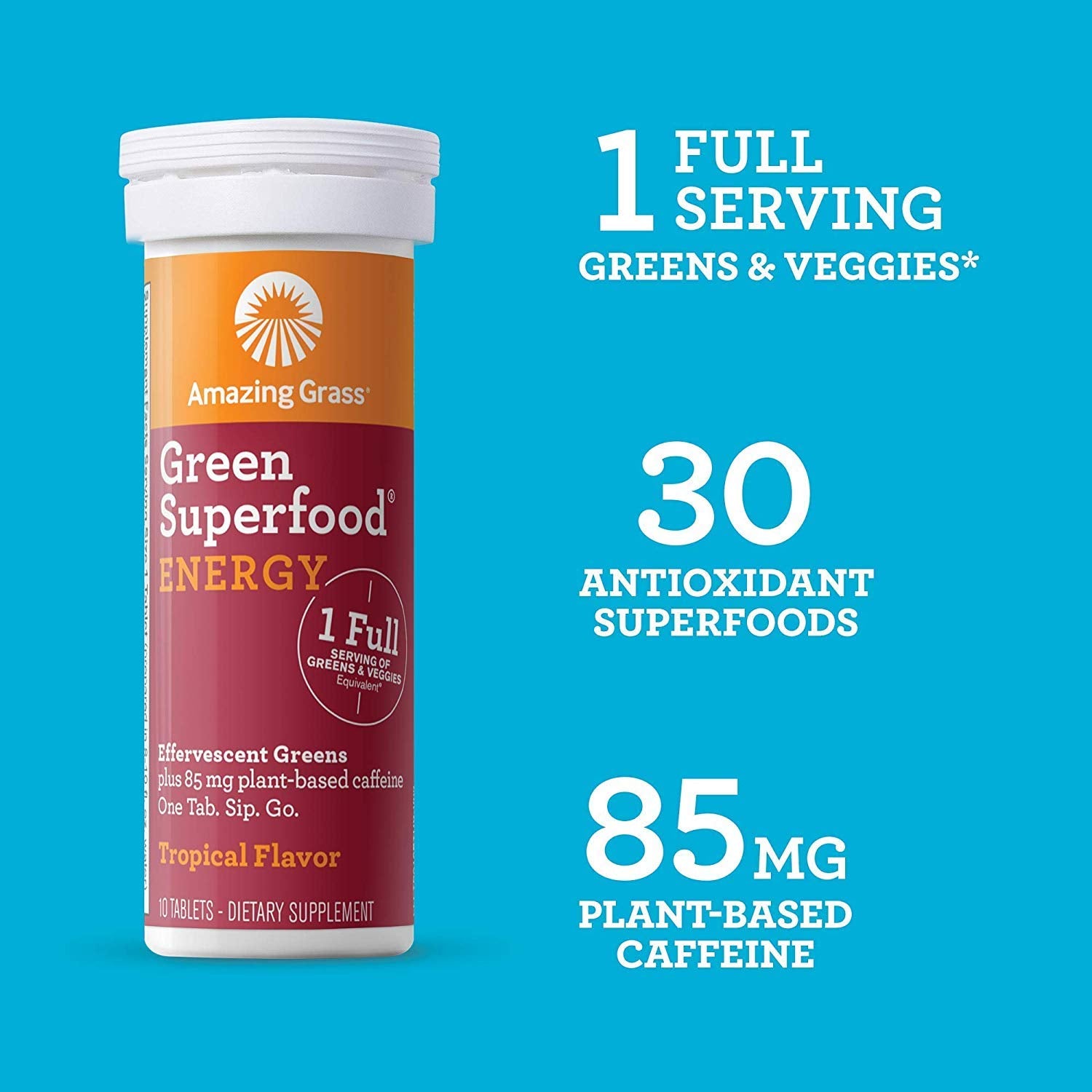 Effervescent Energy Tablets with Green Tea Caffeine & Antioxidants - 30 Tablets, Tropical Flavor - Nootropic Support