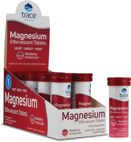 Effervescent Raspberry Magnesium Supplement for Heart Health, Energy, and Sleep - Gluten-Free Trace Minerals - 8 Tubes (80 Servings)