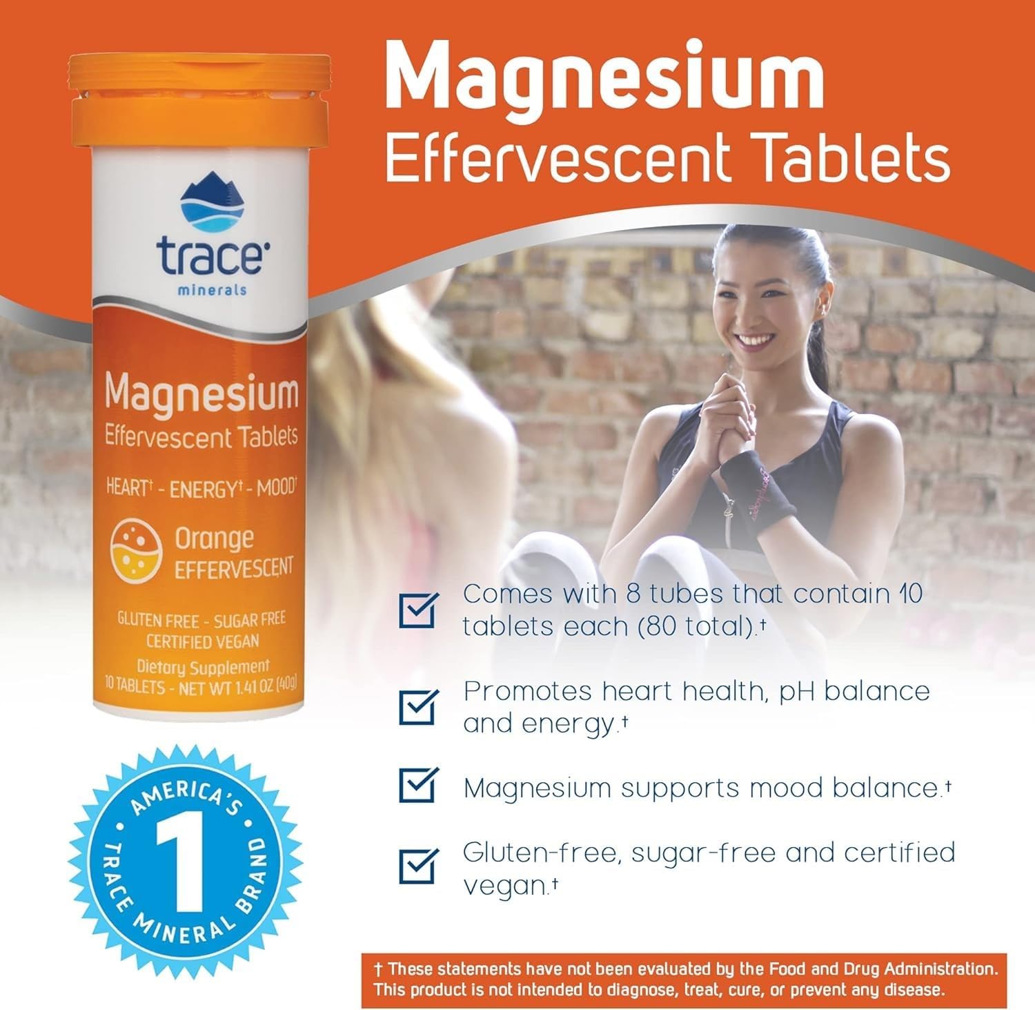 Effervescent Trace Minerals Magnesium Supplement for Bone & Circulatory Health - Orange Flavor, 80 Servings