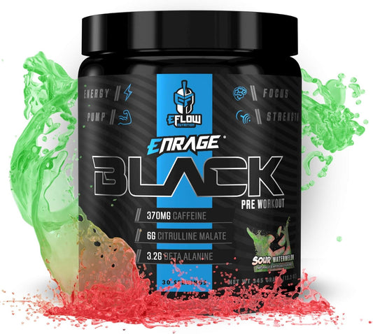 eFlow Nutrition Enrage Black Pre Workout Powder - High Stimulant Supplement for Energy, Pumps, & Strength - Sour Watermelon Flavor - 30 Servings