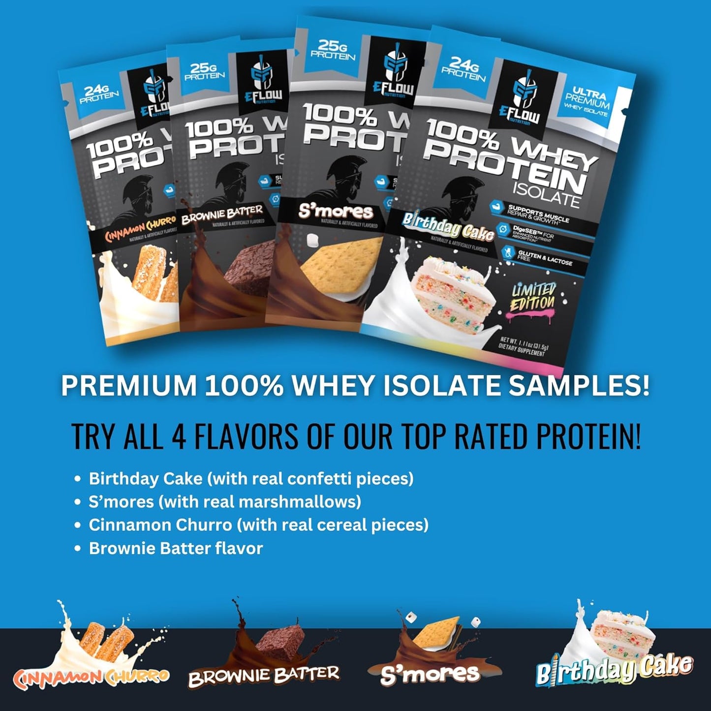 eFlow Nutrition Whey Protein Isolate Powder Variety Pack - Low Calorie, Fast Digesting, Premium Quality, Travel Size, Low Carb (8 Pack)