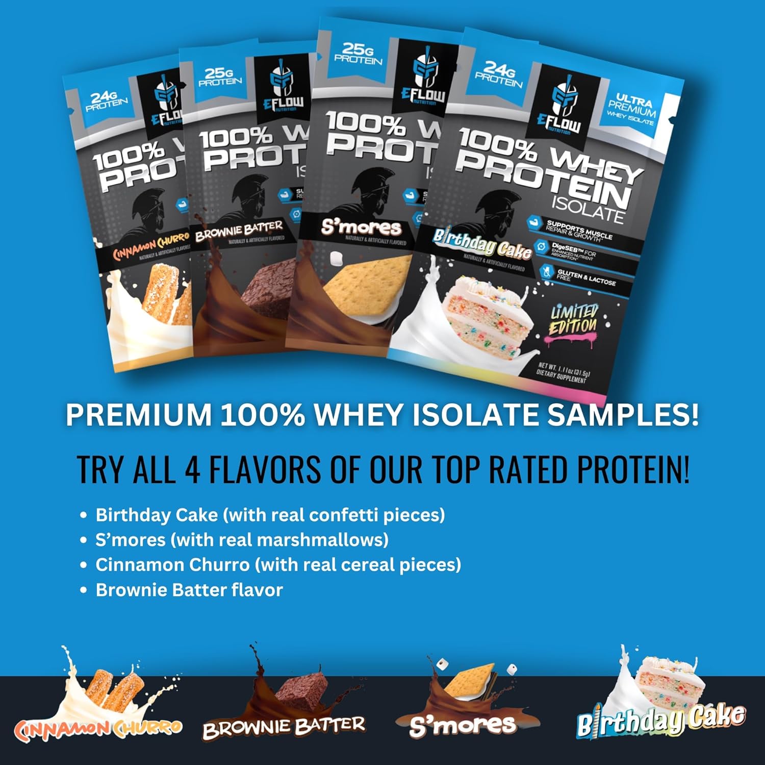 eFlow Nutrition Whey Protein Isolate Powder Variety Pack - Low Calorie, Fast Digesting, Premium Quality, Travel Size, Low Carb (8 Pack)