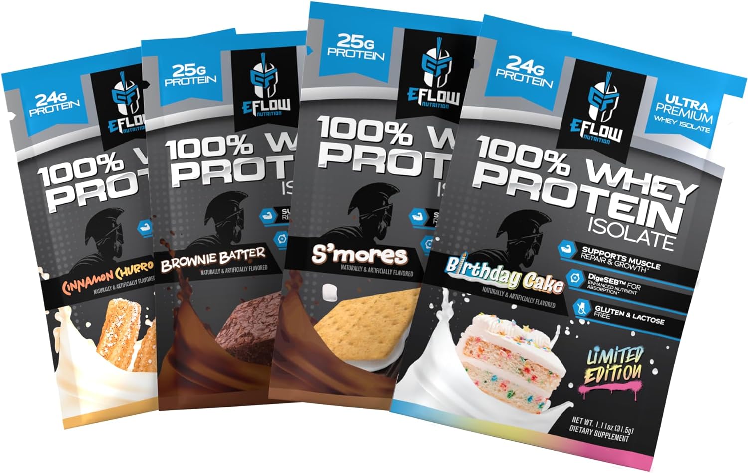 eFlow Nutrition Whey Protein Isolate Sample Pack - Low Calorie, Fast-digesting, Premium Quality, Travel-friendly, Low Carb Protein Powder - 4 Pack
