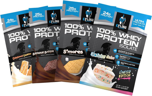 eFlow Nutrition Whey Protein Isolate Sample Pack - Low Calorie, Fast-digesting, Premium Quality, Travel-friendly, Low Carb Protein Powder - 4 Pack