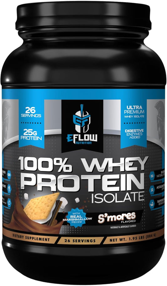eFlow Nutrition Whey Protein Isolate with Digestive Enzymes - Gluten & Lactose-Free, Low Carb S'Mores Flavor - Fast Digesting Post Workout Shake for Muscle Recovery (26 Servings)