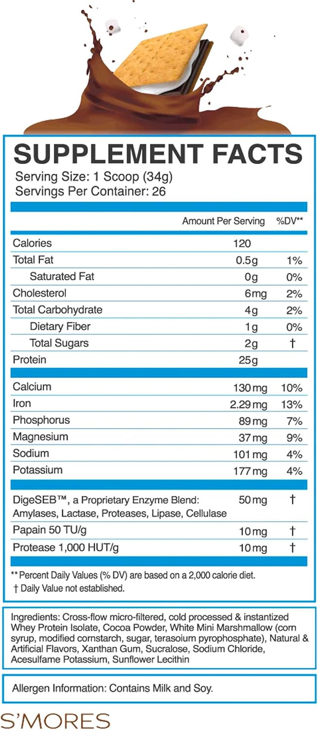 eFlow Nutrition Whey Protein Isolate with Digestive Enzymes - Gluten & Lactose-Free, Low Carb S'Mores Flavor - Fast Digesting Post Workout Shake for Muscle Recovery (26 Servings)