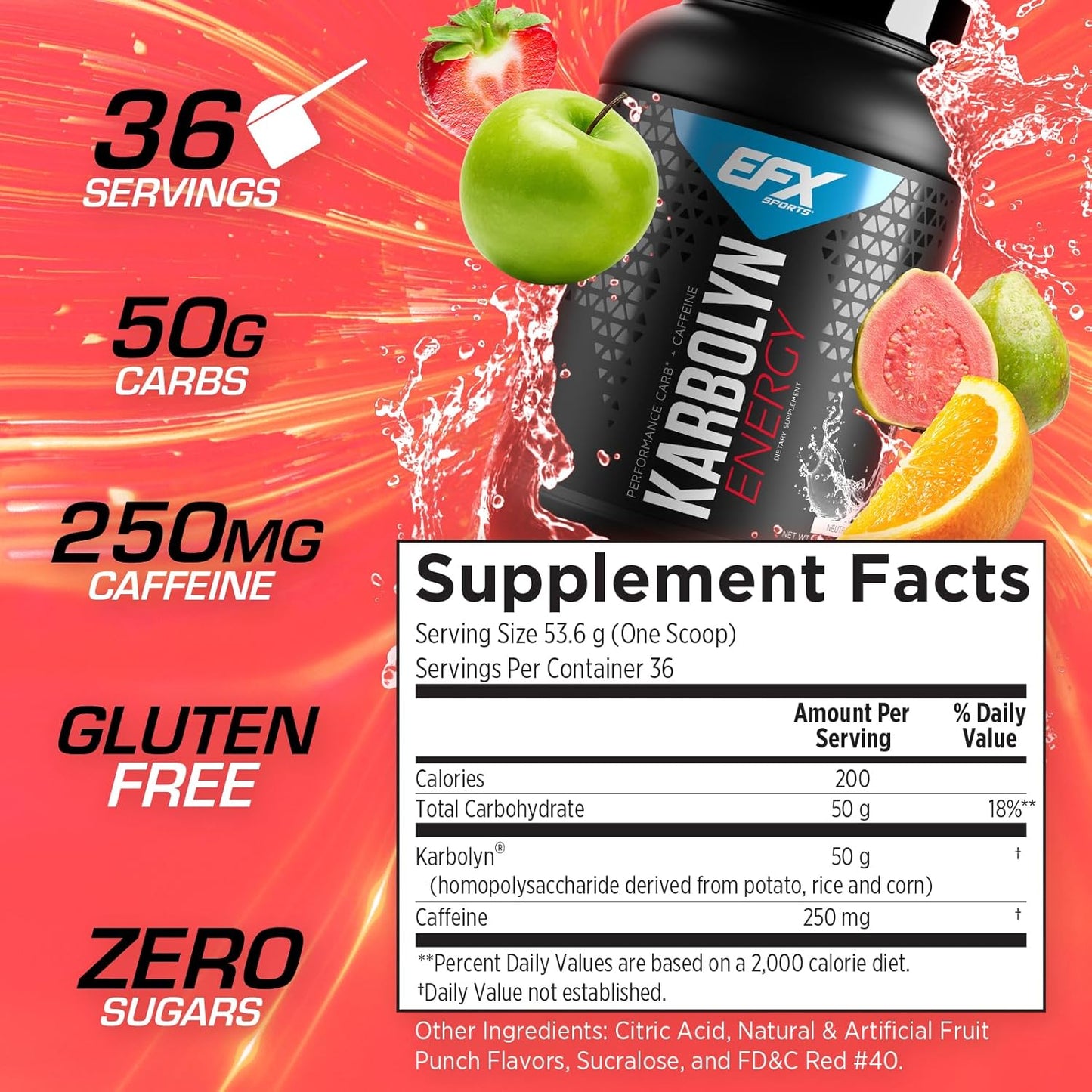 EFX Sports Karbolyn Energy + Caffeine Powder - 250mg Caffeine, Sugar Free, 36 Servings - Fruit Punch Flavor